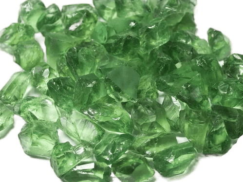 Cluster of raw green prasiolite crystals with glassy texture and jagged edges.